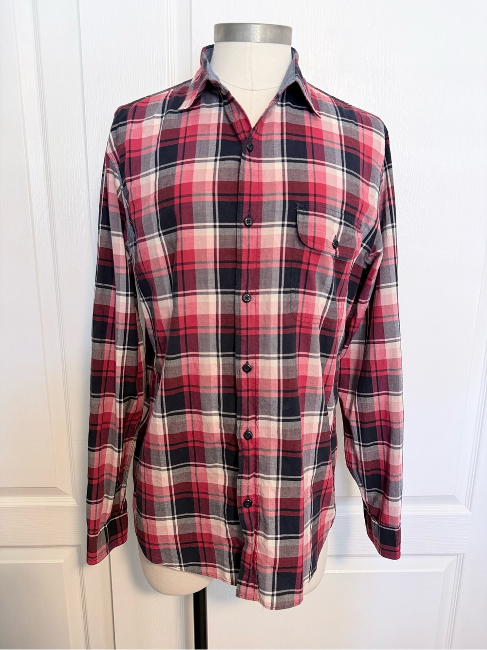J. Crew Red and Navy Blue Madras Plaid Button-Down Shirt